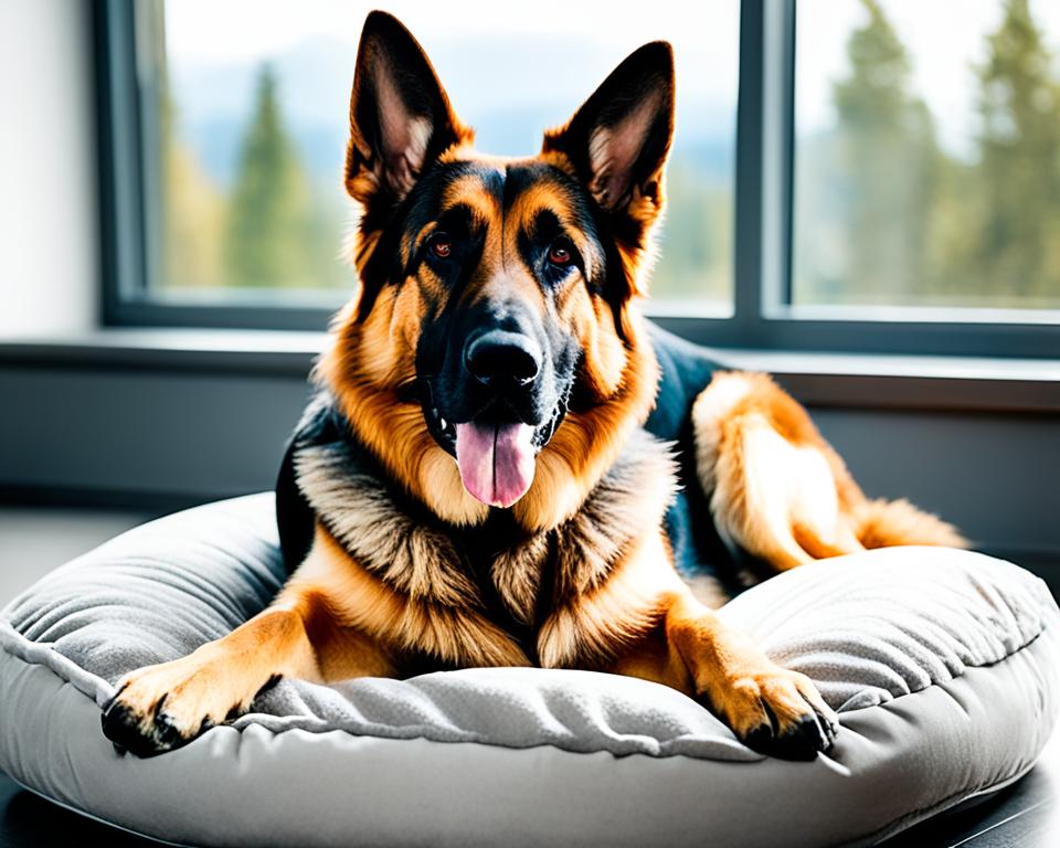 Großer Hund auf Hundebett mit hohem Rand