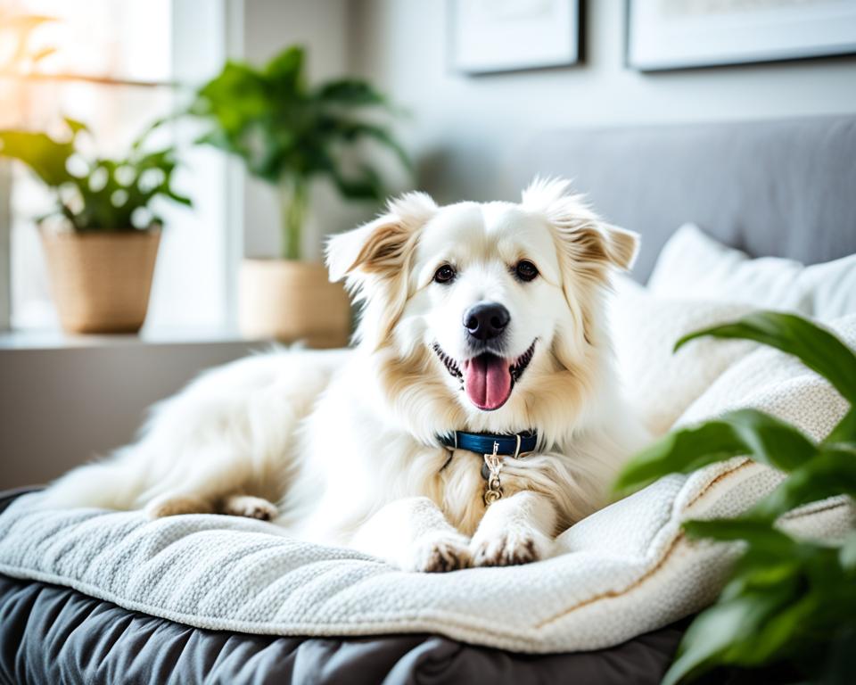 Hund liegt auf flauschigem Hundebett ohne Rand